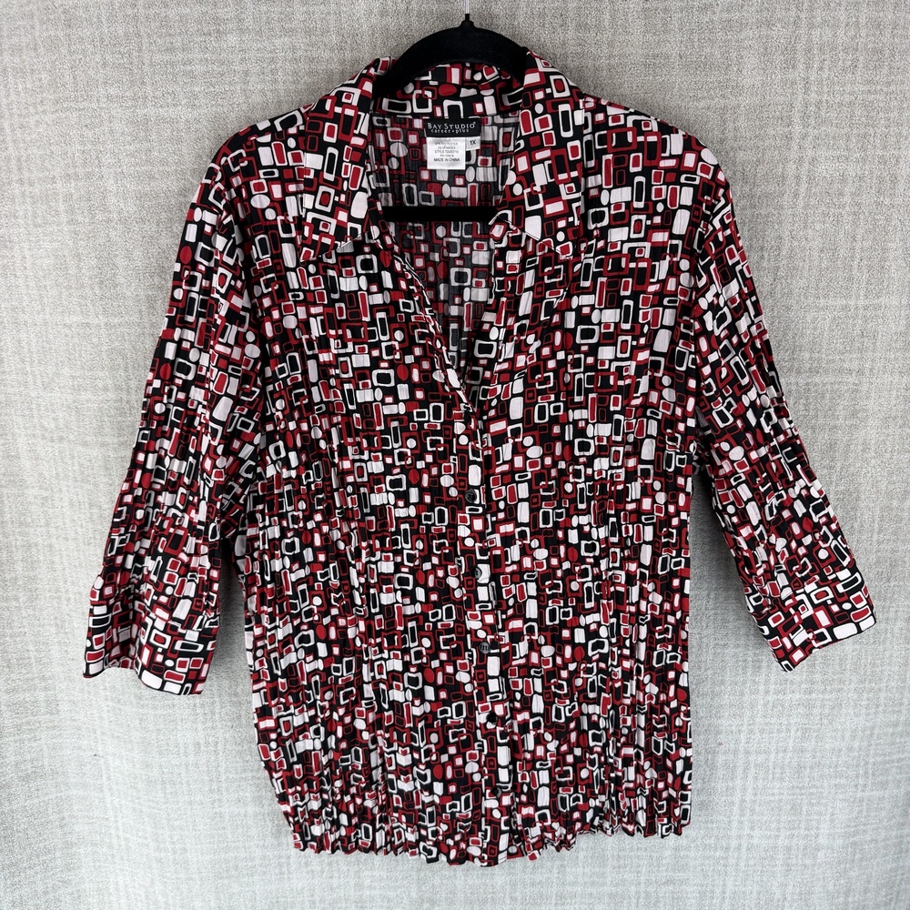 Bay Studio Blouse Womens 1X Multicolor Collared 3/4 Sleeve Geometric Stretch